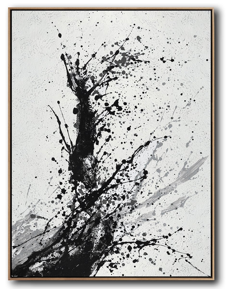 Minimalist Drip Painting On Canvas, Black, White, Grey,Acrylic Painting  Canvas Art #P1U3
