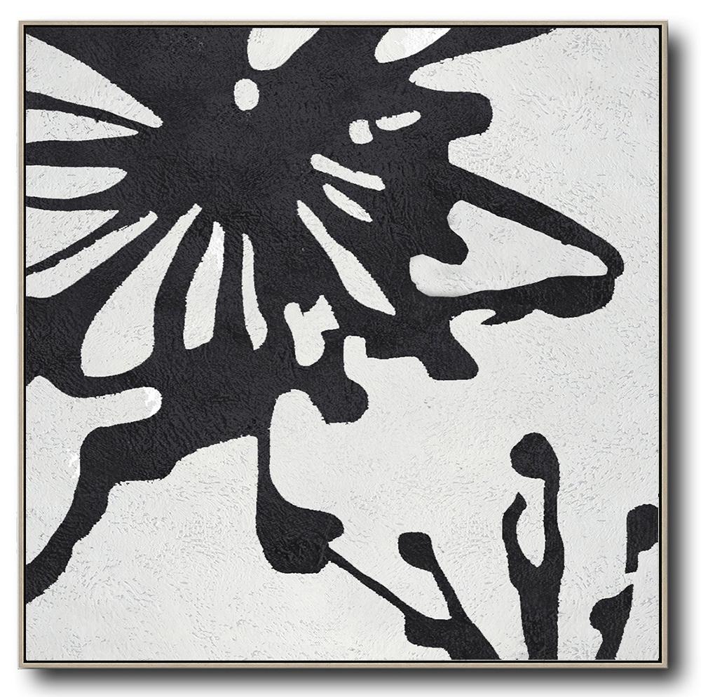 Hand Painted Minimal Black White Abstract Flower Painting